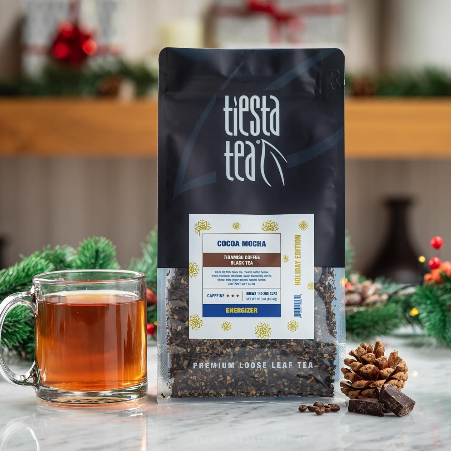 Tiesta Tea - Cocoa Mocha, Loose Leaf, Tiramisu Coffee Black Tea, Premium Blend, High Caffeinated Holiday, Make Hot or Iced Brews Up to 200 Cups, 16 Ounce Resealable Bulk Pouch