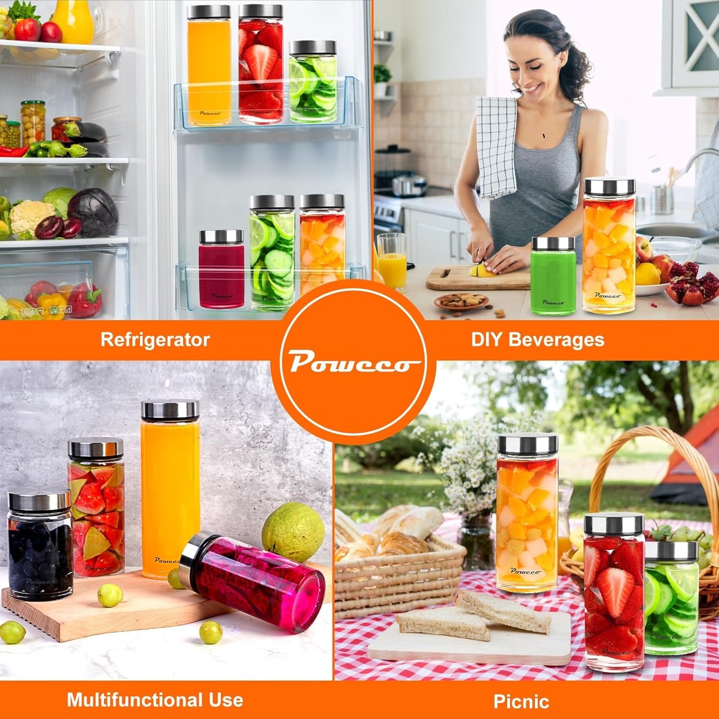 10oz Glass Juice & Water Bottles 6-Pack with Lids- Wide Mouth Reusable Borosilicate Glass- for Juicing, Smoothies, Protein Shakes, Blender & Shaker Bottle- Refillable & Dishwasher Safe(10 oz/300ml)