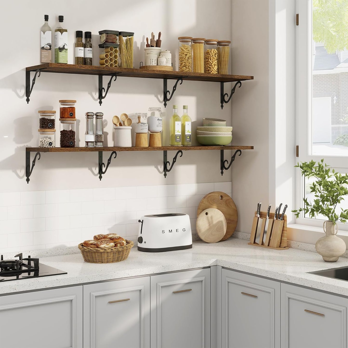 RICHFOCUS 12 Inch Deep Floating Shelves for Wall, 55" W x 12" D Wood Wall Shelves Set of 2, Wide Floating Shelves for Living Room, Bedroom, Kitchen, Bathroom and Decor Storage, Rustic Brown