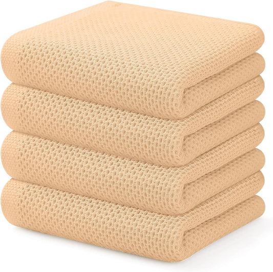 Kitinjoy 100% Cotton Waffle Weave Kitchen Towels (13 X 28 Inches, Apricot), 4-Pack Super Soft and Absorbent Dish Towel for Drying Dishes, Kitchen Hand Towels