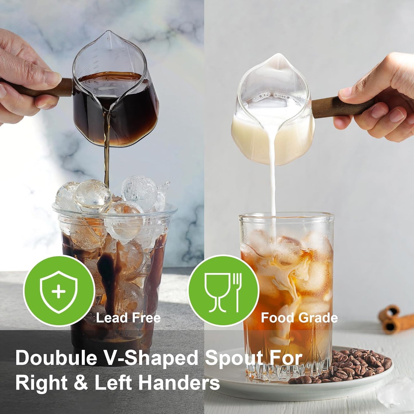 Joeyan 6 oz Glass Measuring Cup with Double Spouts,Borosilicate Espresso Shot Glasses with Wooden Handle,Claer Measuring Triple Milk Frothing Pitcher for Coffee Tea
