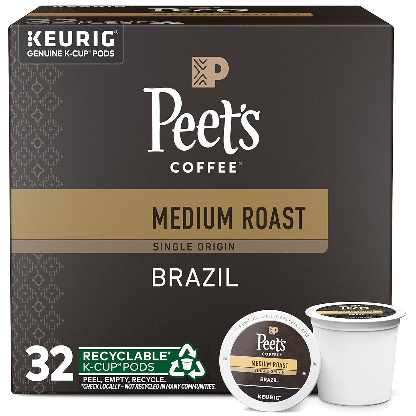 Peet's Coffee, Medium Roast Keurig K-Cup Pods - Single Origin Brazil 32 Count (1 Box of 32 K-Cup Pods)