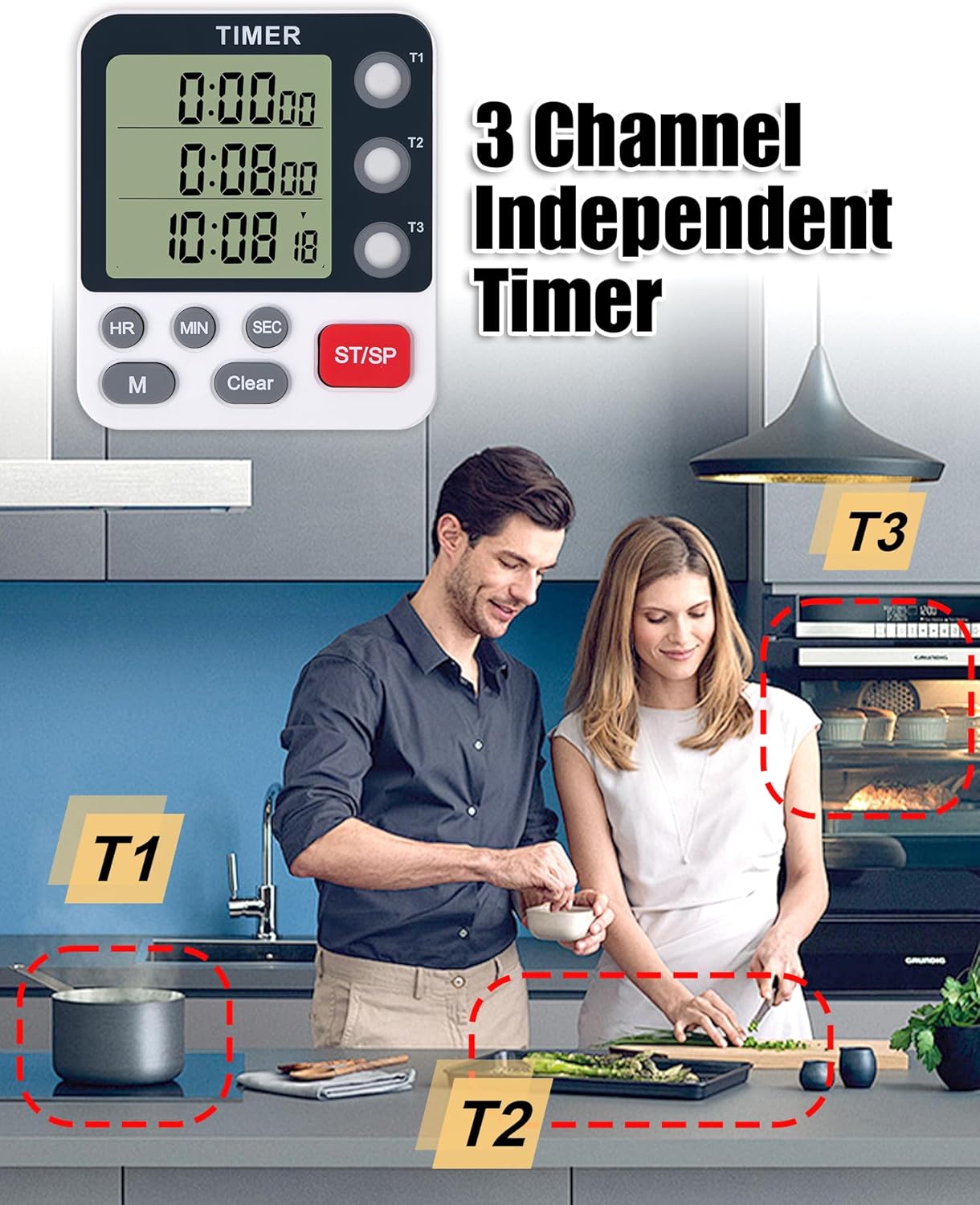 Dual Kitchen Timer Digital - 3 Channel for Cooking with Alarm, Large Display, Magnetic Back, Replaceable 3A Battery, Loud Food Timer, Modern White Design for Multi Timing Needs