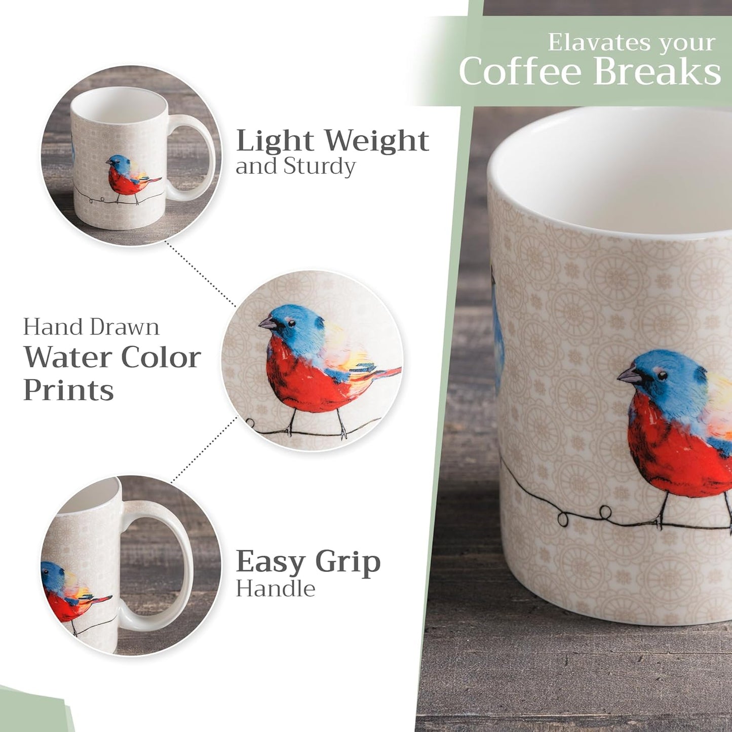 Maison d' Hermine Coffee Mug with Handles Fine Bone China Mugs Pack of One Tea Cups for Hot Beverages Cappuccino Latte Home Restaurant Office Perfect for Gift (Birdies On Wire - Robin, 15 Ounce)