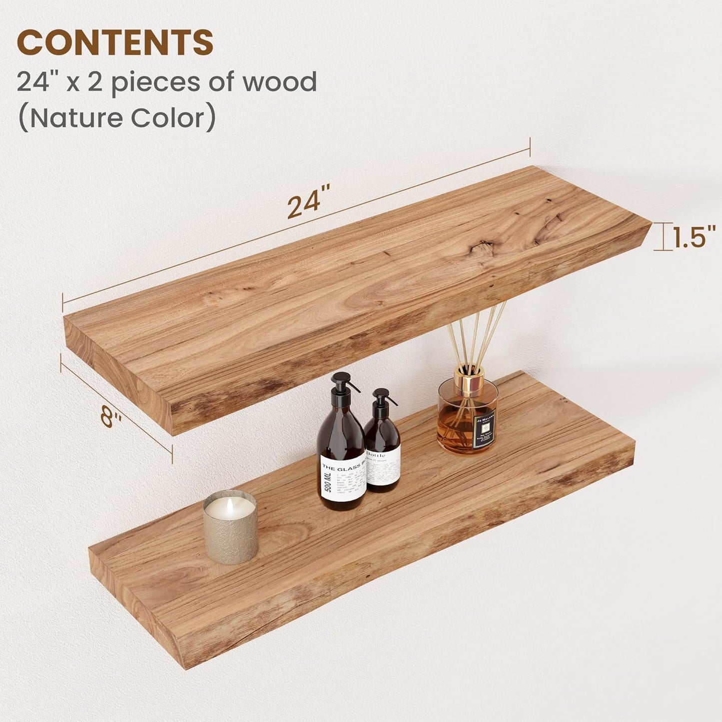 Floating Shelves for Wall Decor, Rustic Solid Elm Wood Live Edge Floating Shelves Wall Mounted, Wall Shelves with Invisible Bracket for Living Room Bathroom Bedroom Kitchen, 24 Inch Set of 2, Natural