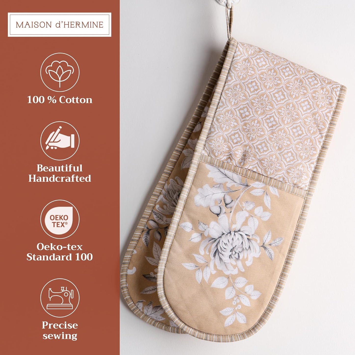 Maison d' Hermine Double Oven Mitts 100% Cotton 7"x35" Double Oven Mitt Heat Resistant BBQ Cooking Gloves with Loop, Baking, Grilling, Home, Kitchen, Handling Hot Pans (Pretty Autumn)