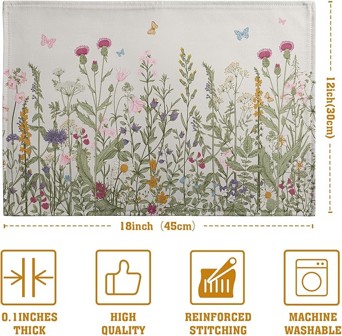 Rustic Wildflower Floral Placemats Set of 4 Spring Summer Vintage Flowers Plants Herbs Linen Table Mats 12x18 Inch Seasonal Flower Decorative Place mats for Farmhouse Kitchen Dining Decoration