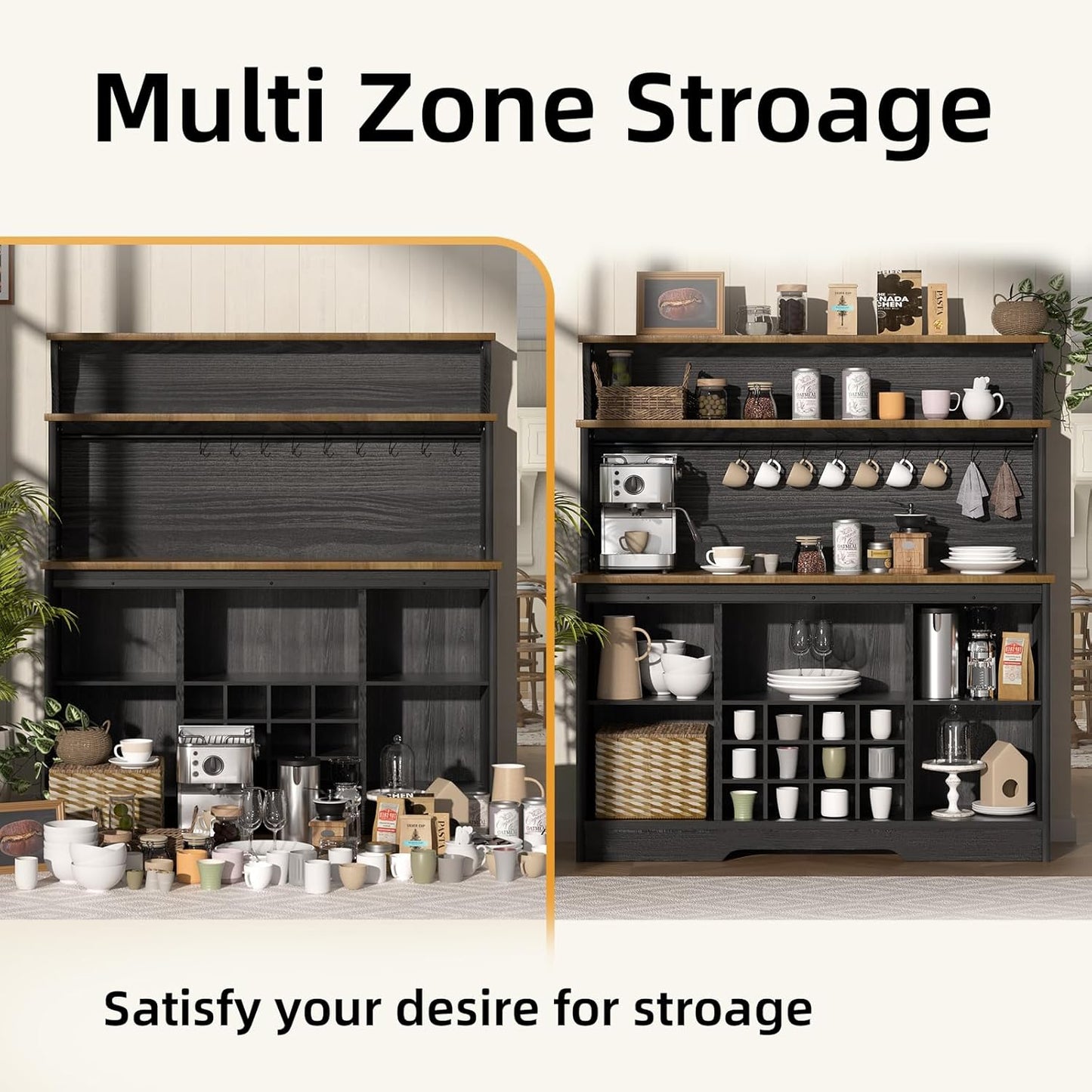 55'' Farmhouse Coffee Bar Cabinet with 3 Tier Storage Hutch, Coffee Bar Station with Sliding Barn Door, Hutch Storage Cabinet with 12 Wine Racks & 9 Hooks for Kitchen Dining Living Room