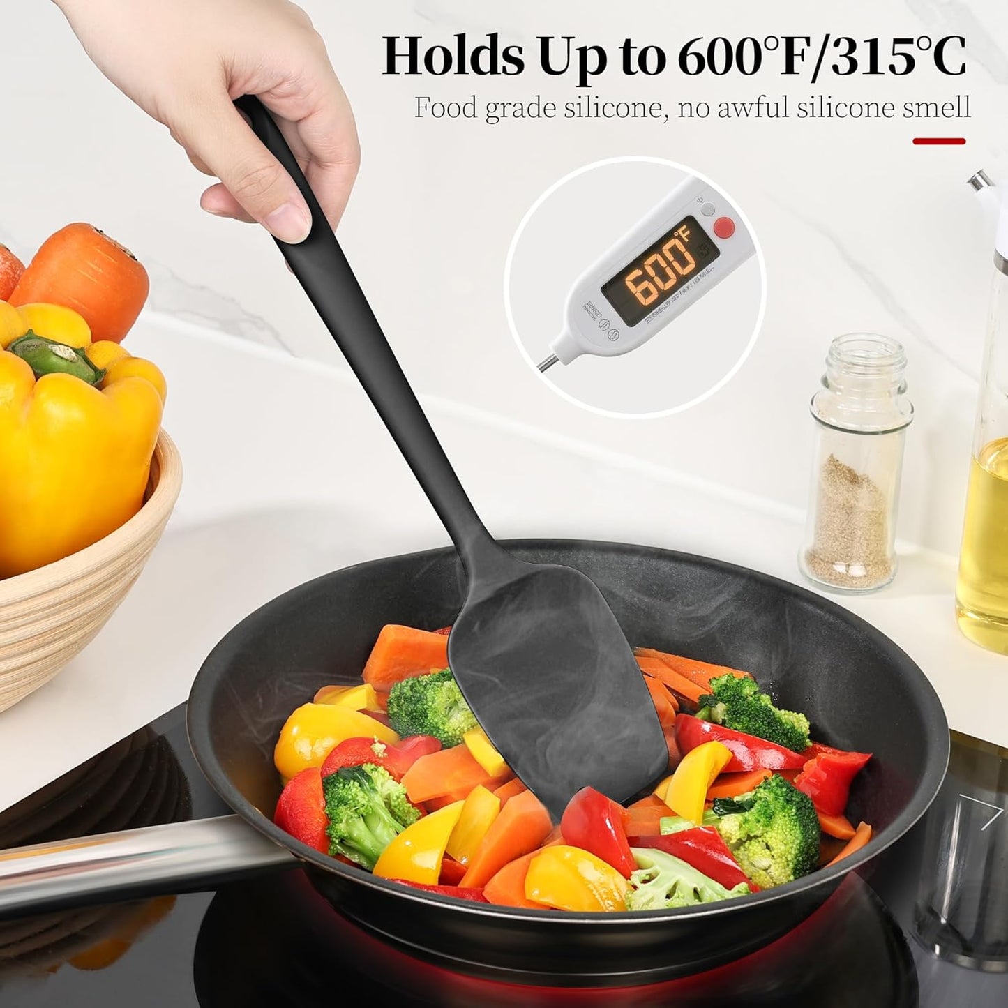 600ºF Heat Resistant Spatulas, High Heat Food Safe Semless Kitchen Silicone Spoon Spoonula Scraper Set for Cooking Baking Mixing Scraping Stirring Nonstick Cookware Pan Bowl (3Pcs,Black)