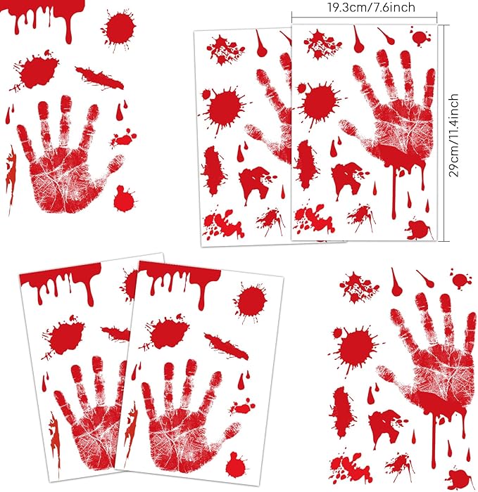 KUUQA 4 Pcs Bloody Handprint Clings Horror PVC Stickers Decals for Halloween Decorations