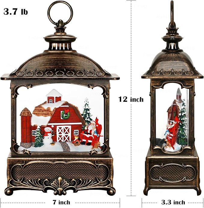 Christmas Snow Globe Lantern Christmas Decorations Gifts Barn Snowman Santa Claus Cardinal Winter Farm Scene Musical Glitter Snowfall USB/Battery Timer 12 inch