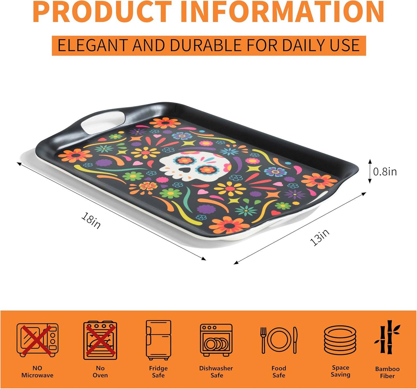 Oasis Choice 2-Pack Day of the Dead Bamboo Fiber Serving Trays - 18x13 Inch Extra Large w/Handles for BBQ, Picnic, Party - Durable Lightweight Serving Platters - Sugar Skull and Marigold Decor (Black)