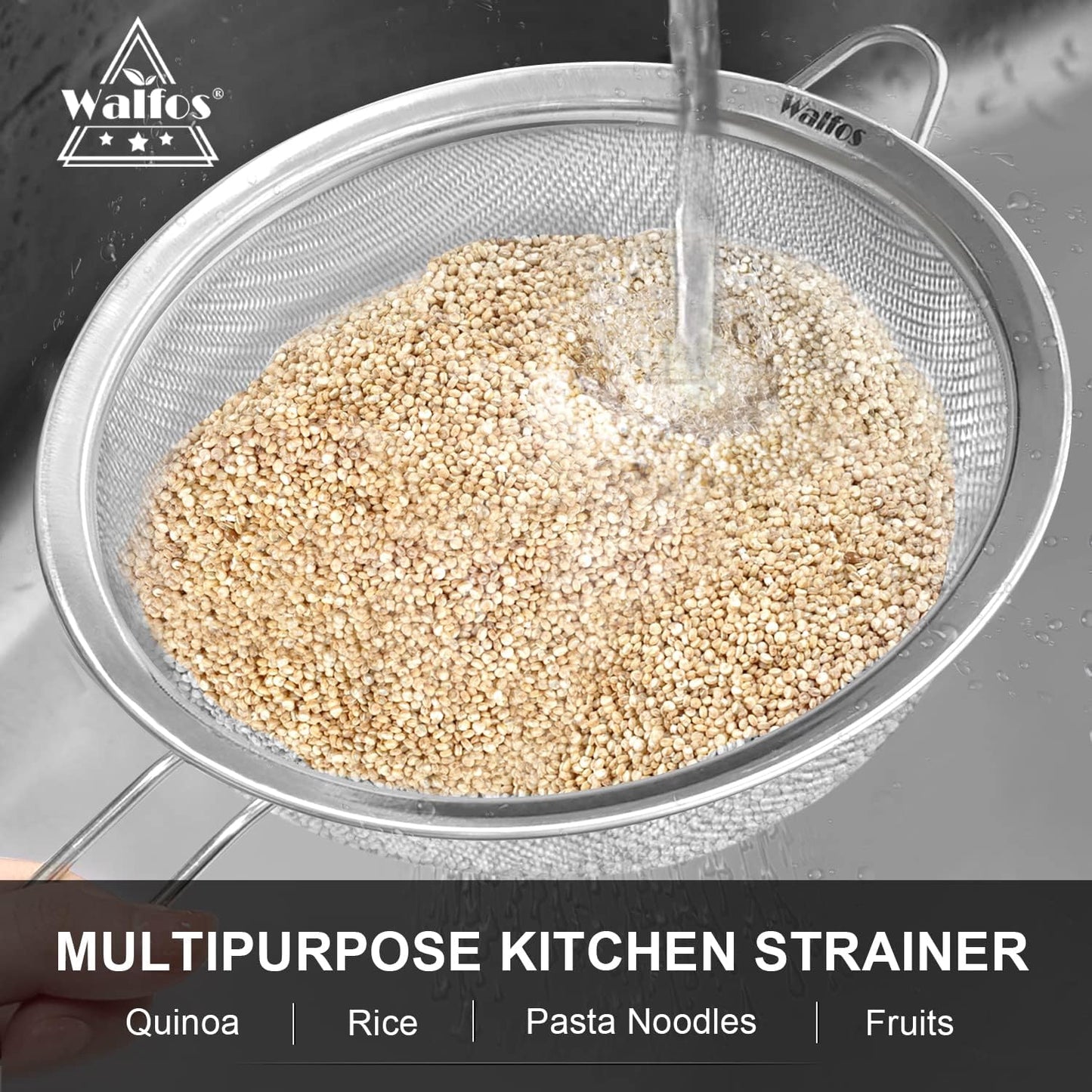 Walfos 8.6 Inch Large Fine Mesh Strainer, Kitchen Metal Food Strainers with Sturdy Handle, Stainless Steel 30 Mesh Sieve Sifters for Rice, Quinoa, Pasta, Fruits, Vegetables, etc.