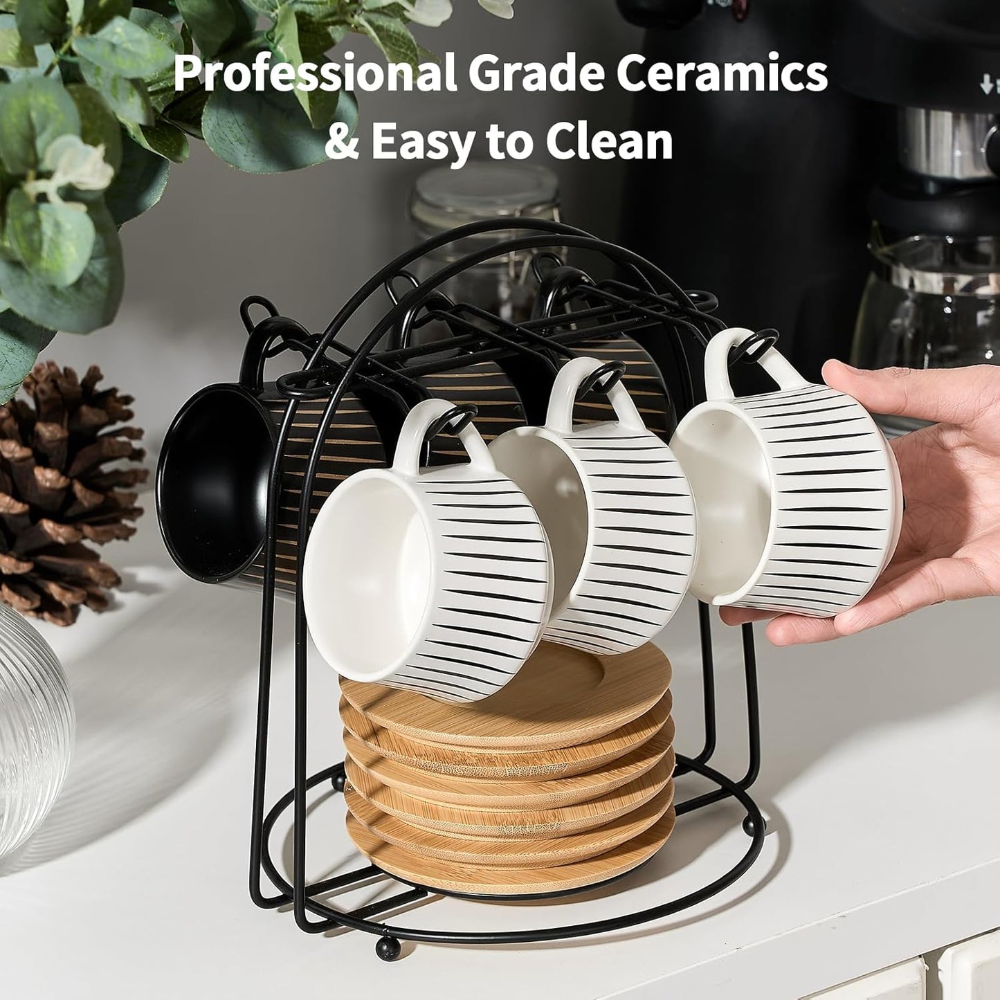 LUKA Ceramic Coffee Espresso Cups with Saucers Set with Metal Holder, 4 oz Porcelain Demitasse Cups For Espresso, Latte, Coffee, Cafe Mocha, Tea, Set of 6, Stripe White & Black