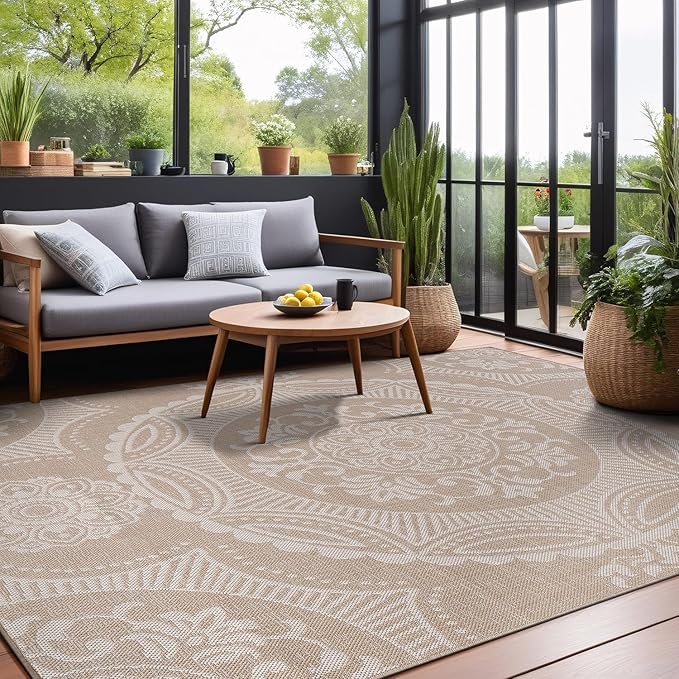 Medallion Outdoor Rug 8x10 Washable Outside Carpet for Indoor Patio Porch Waterproof Easy Cleaning Non Shedding Area Rugs Beige 8 x 10