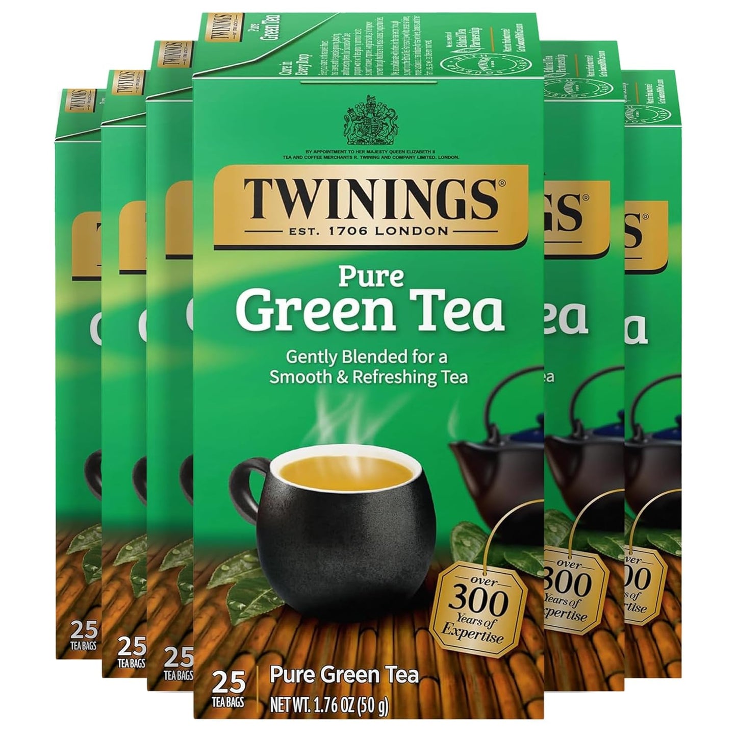 Twinings Pure Green Tea Individually Wrapped Bags, 25 Count (Pack of 6), Smooth Flavour, Enticing Aroma, Caffeinated, Enjoy Hot or Iced, 150 Teabags