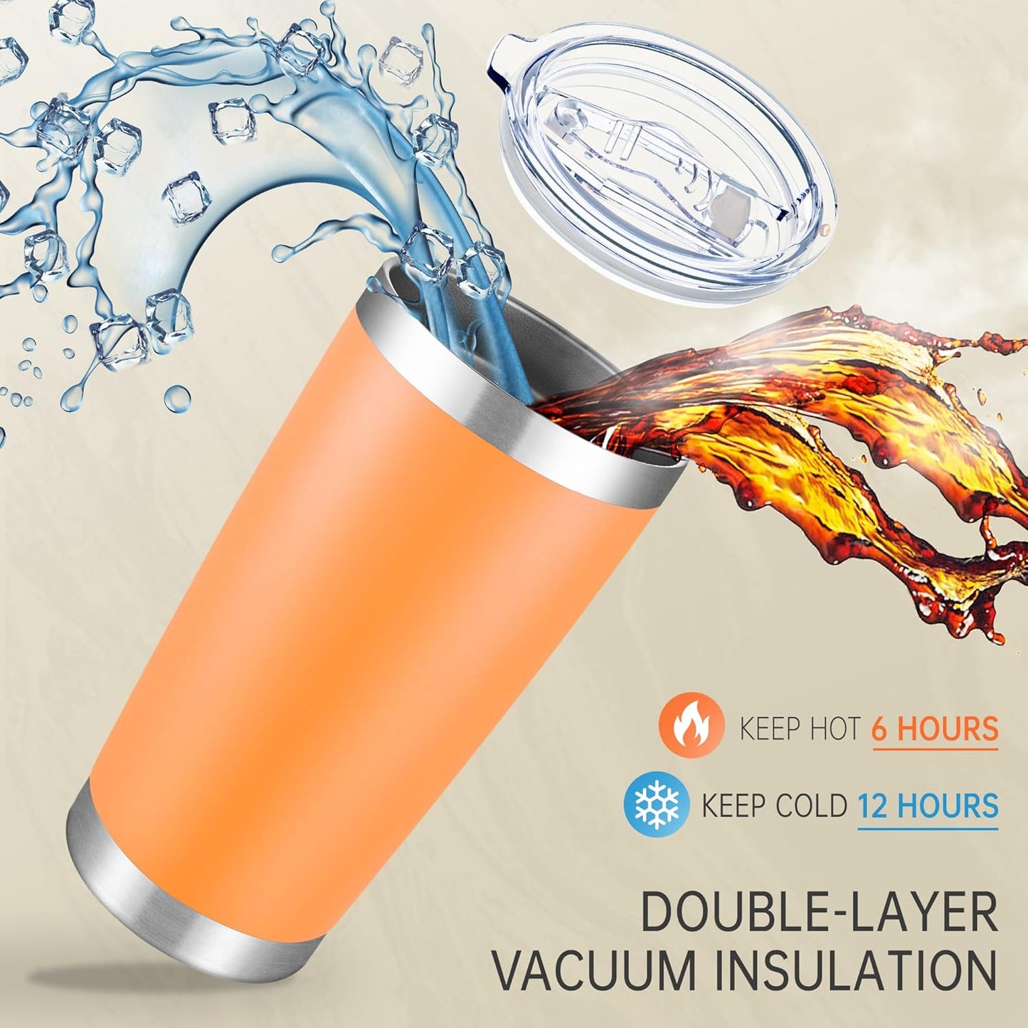 20 oz Tumblers Bulk Stainless Steel Tumbler with Lid Double Wall Vacuum Insulated Coffee Mug 20oz Powder Coated Cup for Hot and Cold Drinks, Orange, 6 pack