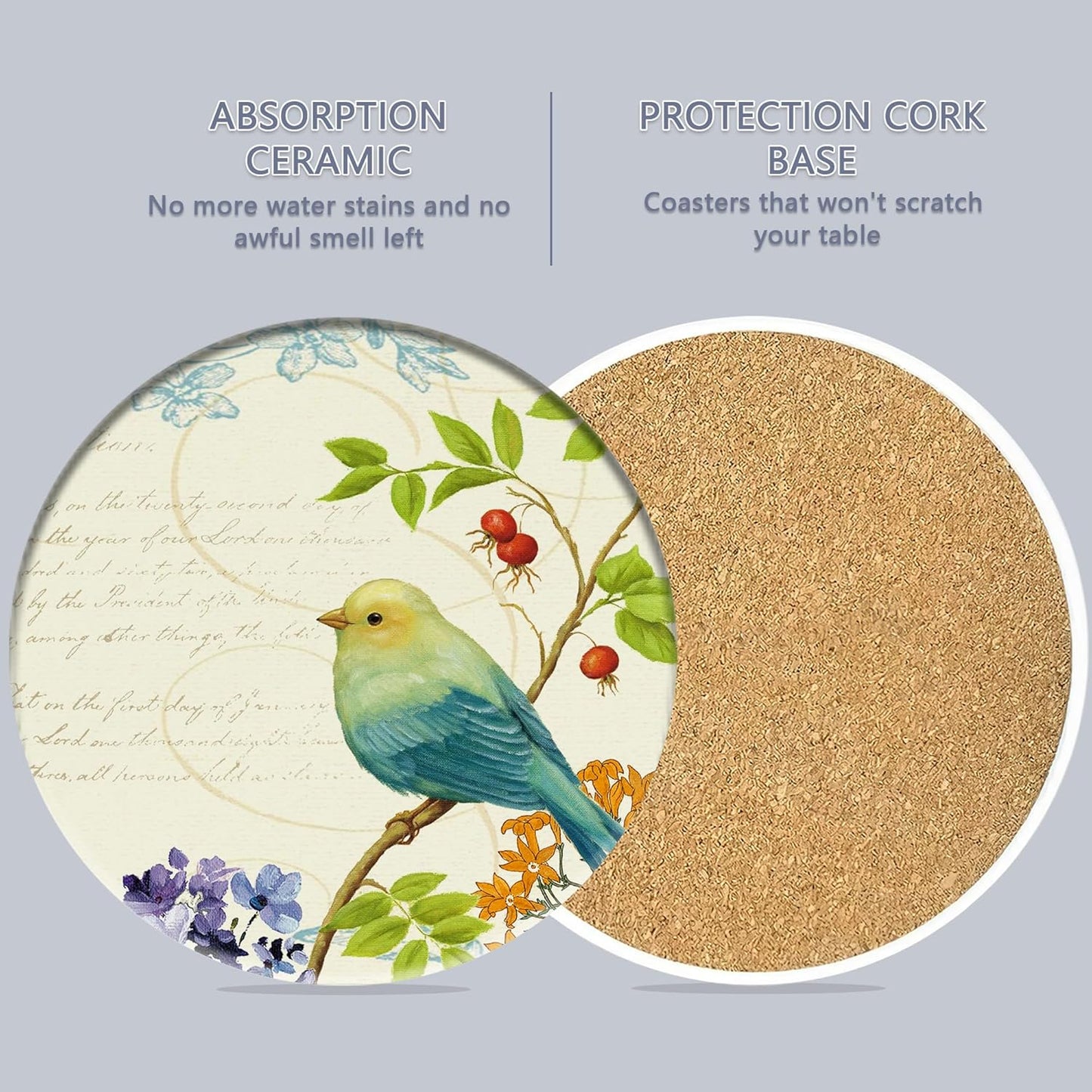 Coaster for Drinks Set of 6, Vintage Watercolor Bird Flower Absorbing Round Ceramic Stone Coaster with Cork Base,Tabletop Protection Mat for Mugs and Cups,Coffee Table Wine Glass Home Bar 4 Inch