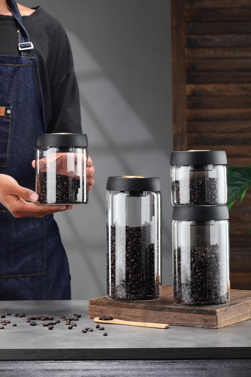 LOEZ Coffee Bean Storage Container Airtight, Lid Sealed with Press-Down Vacuum, Borosilicate Glass Coffee Canister for Ground Coffee, Tea, Beans, Spices (2 x Small - Clear)