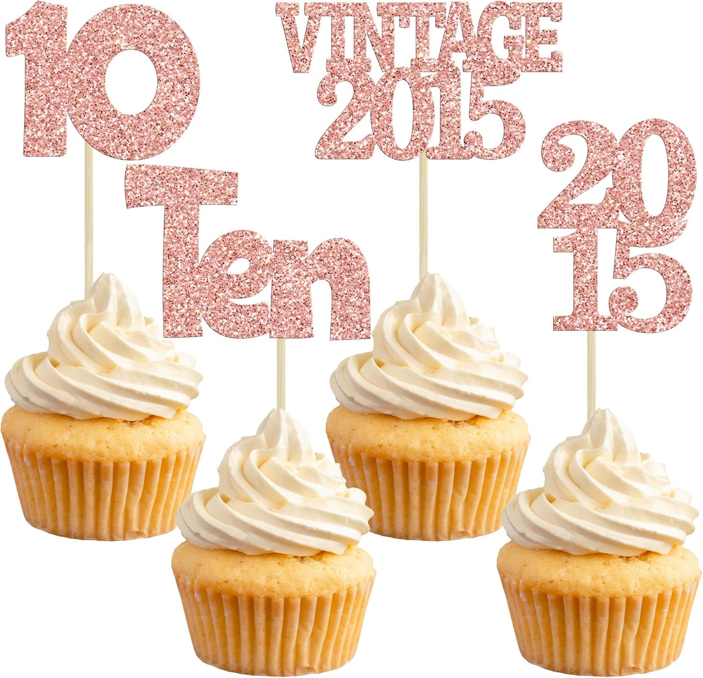 Gyufise 24Pcs 10th Birthday Cupcake Toppers Glitter Ten Vintage 2015 Hello 10 Years Birthday 10 Cupcake Picks Double Digits Cake Decoration for Happy 10th Anniversary Party Supplies Rose Gold