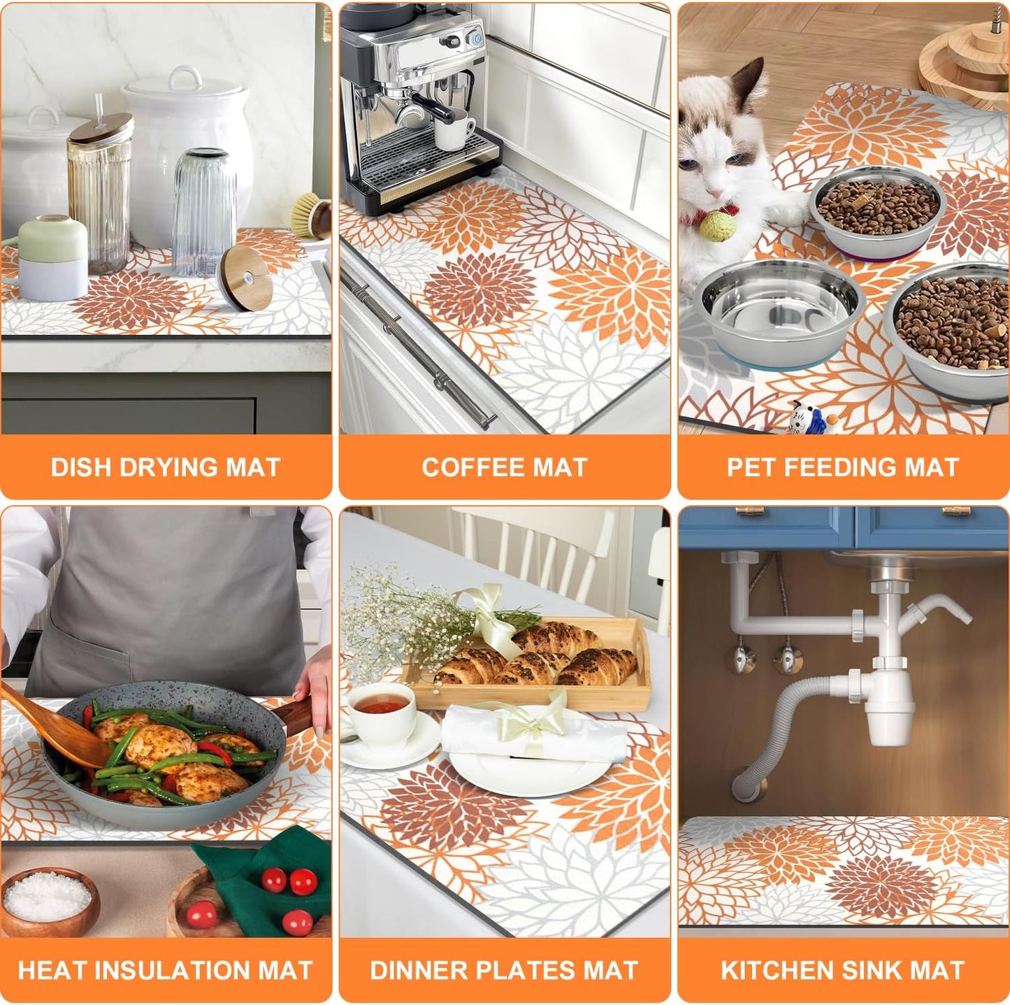 Findosom 2PCS 12" x 20" Fall Dish Drying Mat & 24" x 5.5" Sink Splash Guard, Super Absorbent & Cuttable Dish Mat Drying Kitchen Mat with Orange Floral, Hide Stain Drying Mat for Kitchen Counter