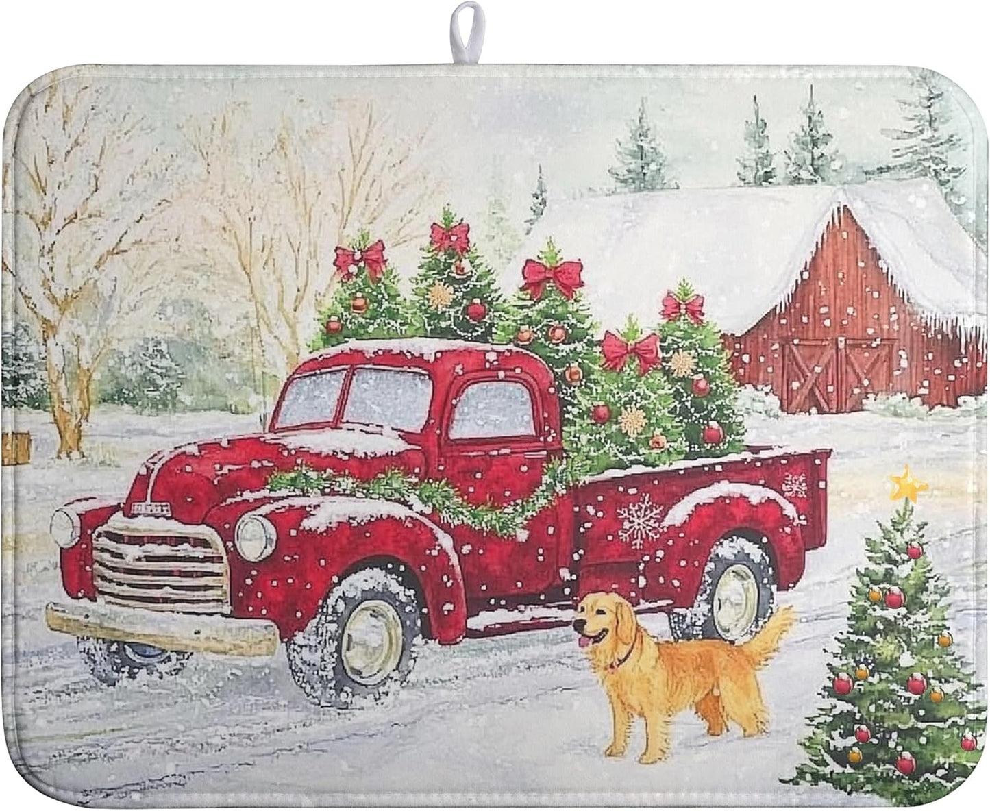 Christma Red Truck Dish Drying Mat Winter Dog Large Kitchen Mats Dish Drying Pad Xmas Tree Vintage Absorbent Dish Dryer Mat for Kitchen Countertops Microfiber Drainer Pad Dish Drying Mats (18x24 in)