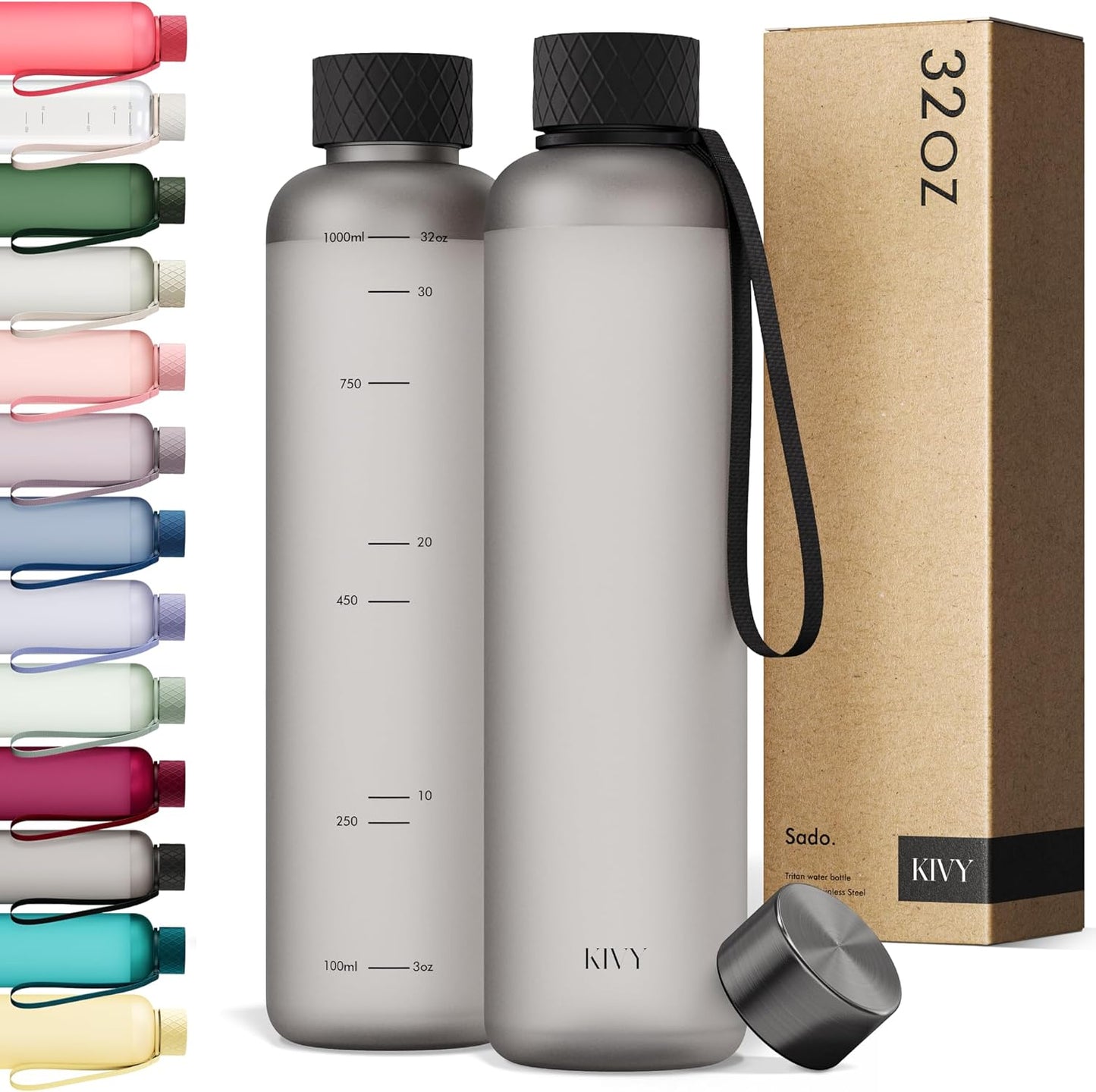KIVY Slim Water Bottle 32oz [Lightweight & Shatterproof] Fits Backpack & Cupholder for Travel, Sports, School, Gym - Black water bottle no straw - Mens water bottle screw top - Dishwasher Safe