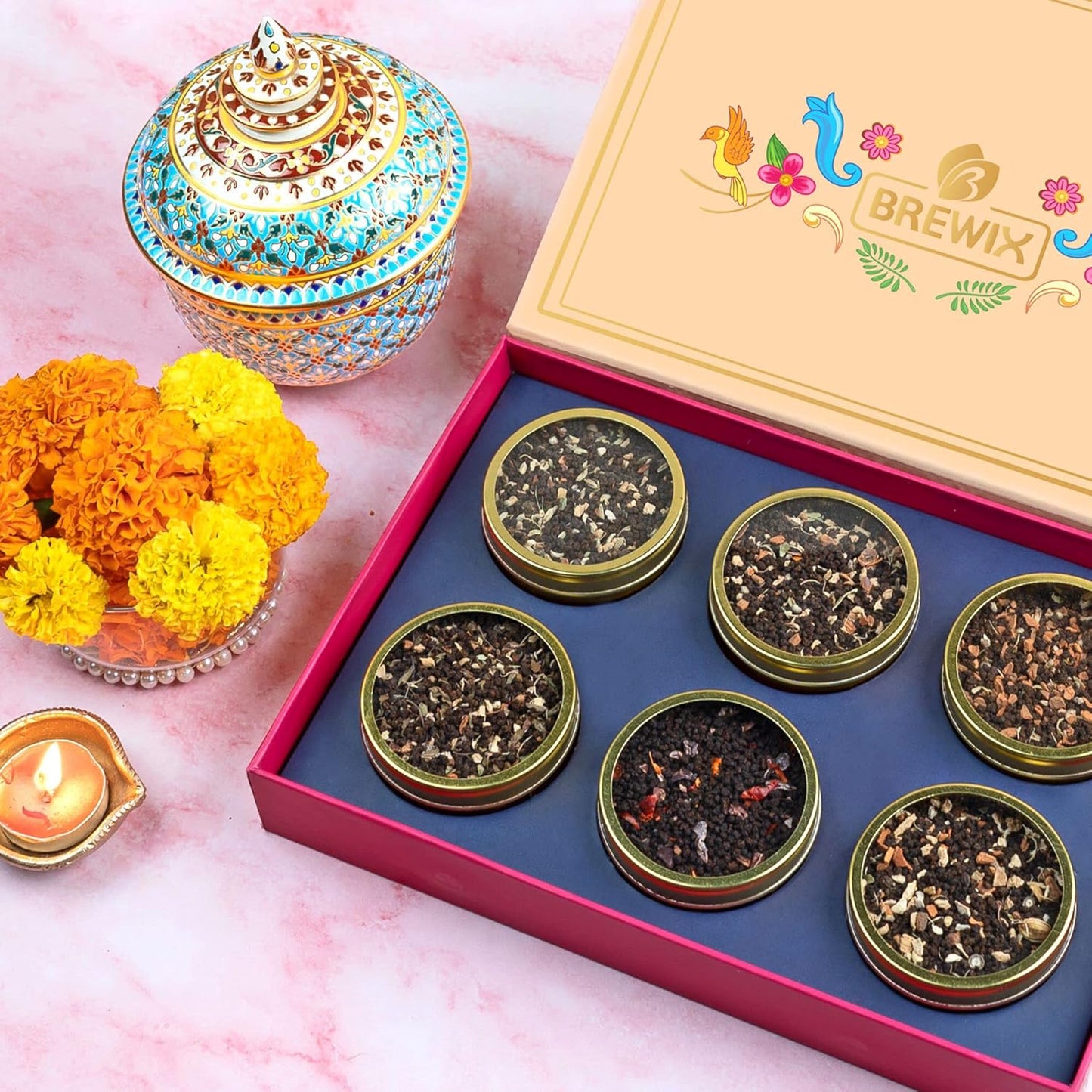 BREWIX, Discover India Premium Black Tea Christmas Gift Box (6.34oz/90+ Cups) | Tea Gift Sets For Tea Lover | 6 Unique Chai Teas | Best for Birthdays, Anniversaries & Holidays