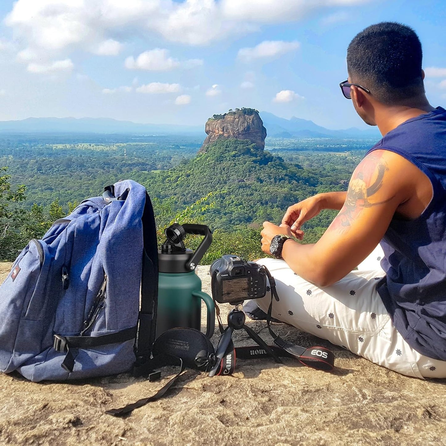 BJPKPK 64oz Insulated Water Bottle with Handle, Large Dishwasher Safe Half Gallon Water Bottle, BPA Free Water Jug, Wide Mouth Metal Water Bottle with Anti-slip Bottom, Army Green & Black