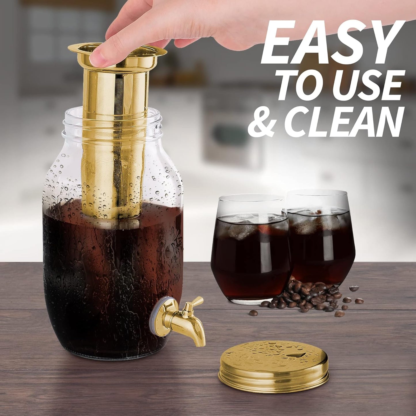 Zulay Kitchen 1.5 Liter Cold Brew Coffee Maker with EXTRA-THICK Glass Carafe & Stainless Steel Mesh Filter - Premium Iced Coffee Maker, Cold Brew Pitcher & Tea Infuser (Gold)