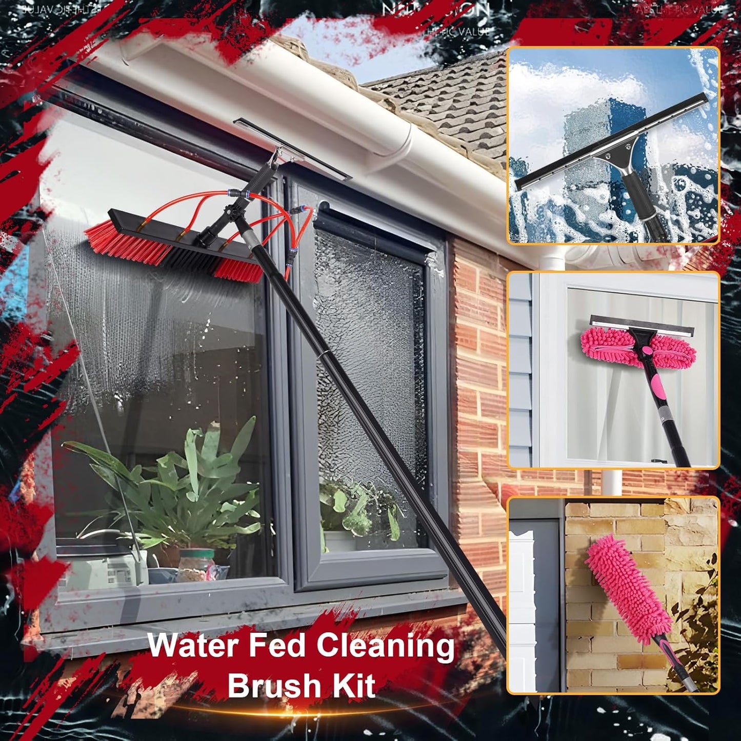 26ft Long Reach Solar Panel Cleaning Kit - Aluminum Extendable Water Fed Pole, 22in Wide Brush & Squeegee, Bendable Dusting Brush - Outdoor Window Washing Equipment Tool