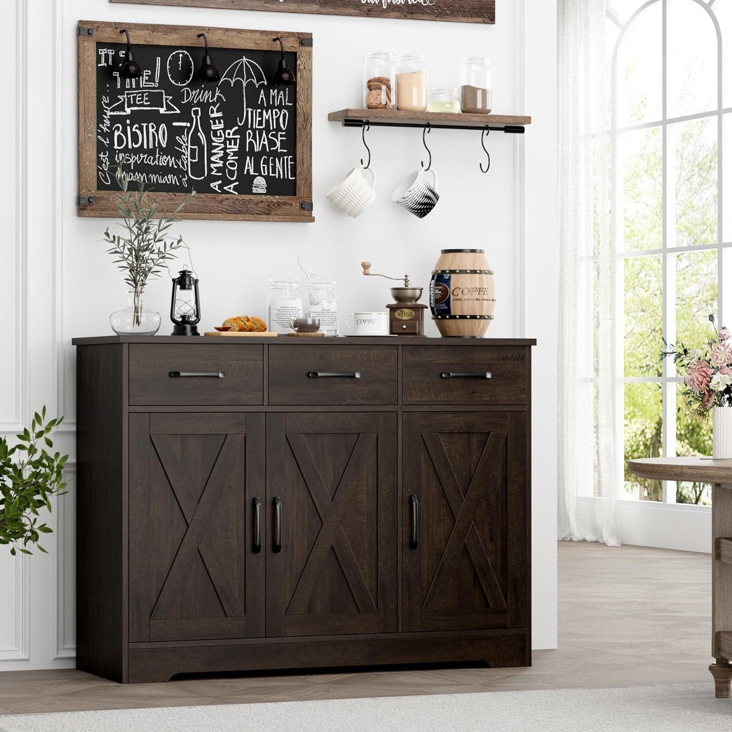 HOSTACK Modern Farmhouse Buffet Sideboard Cabinet, Barn Doors Storage Cabinet with Drawers and Shelves, Wood Coffee Bar with Storage for Dining Room, Kitchen, Living Room, Dark Brown