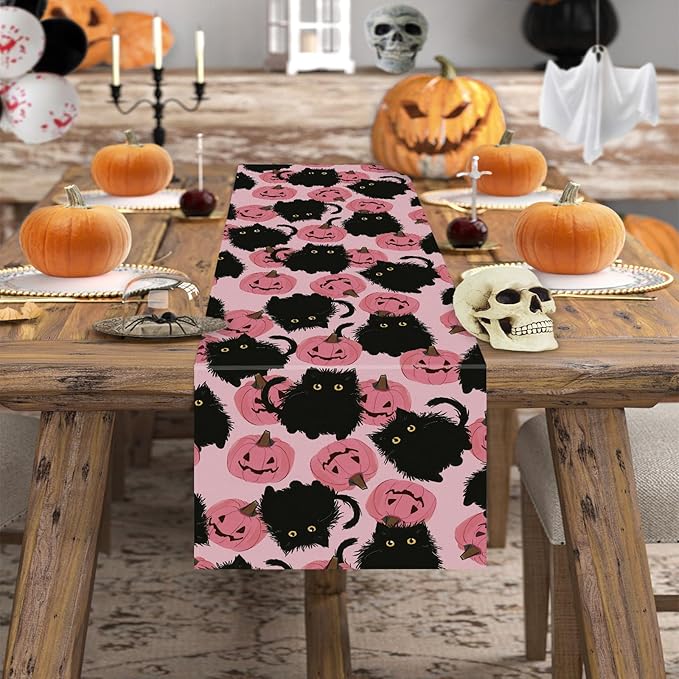 Halloween Table Runner Black Cat Pink Pumpkins Seasonal Kitchen Dining Table Home Outdoor Party Decorations 13x48 Inch