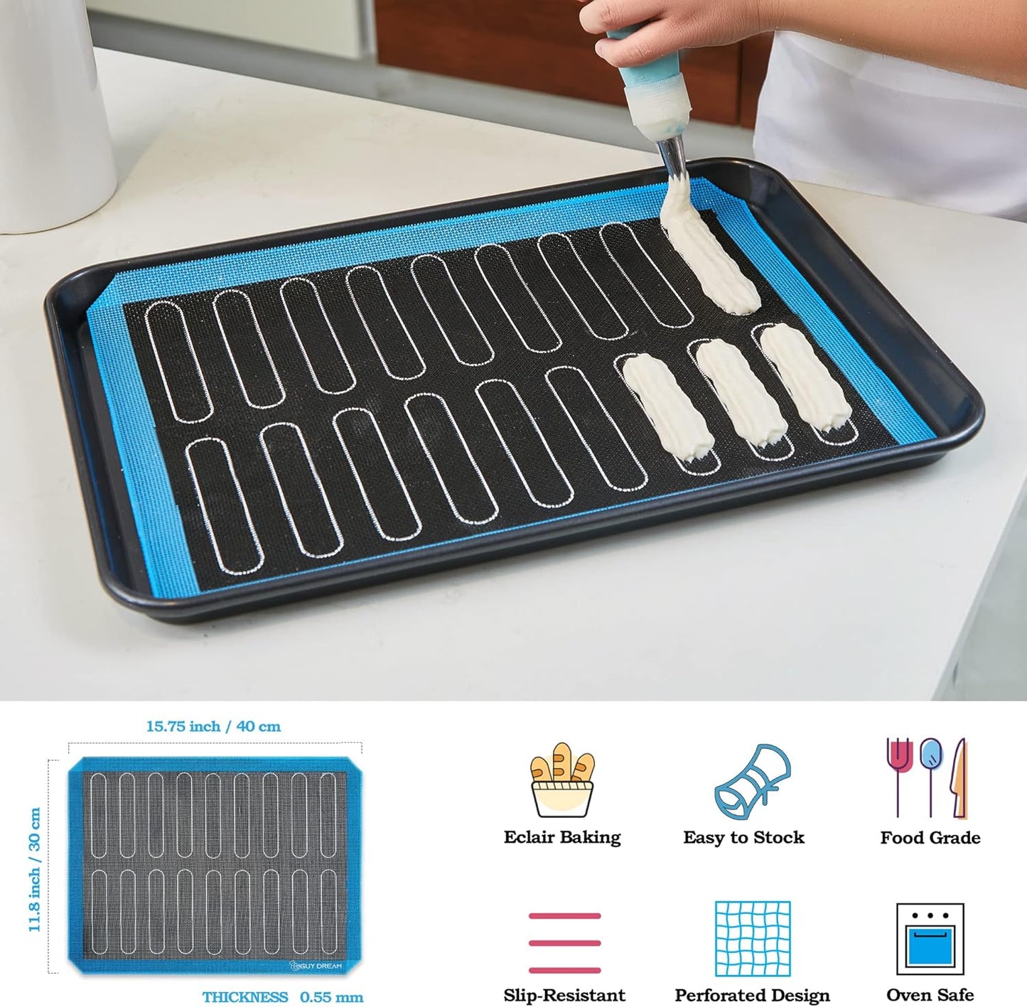 2PCs GUY DREAM Perforated Silicone Baking Mat 11-4/5" x 15-3/4" - Eclair Mat for Baking - Steaming Mesh For Half Size Cooking Sheet - Non-Stick Reusable Oven Liner