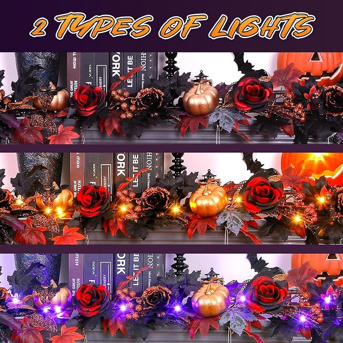 SHareconn 2 Pcs 6FT Halloween Garland with Purple Lights Battery Operated and Timer, Pre-Lit Black Red Maple Leaves Lighted Garland Decorations for Fireplace Mantle Centerpiece Indoor Outdoor Decor