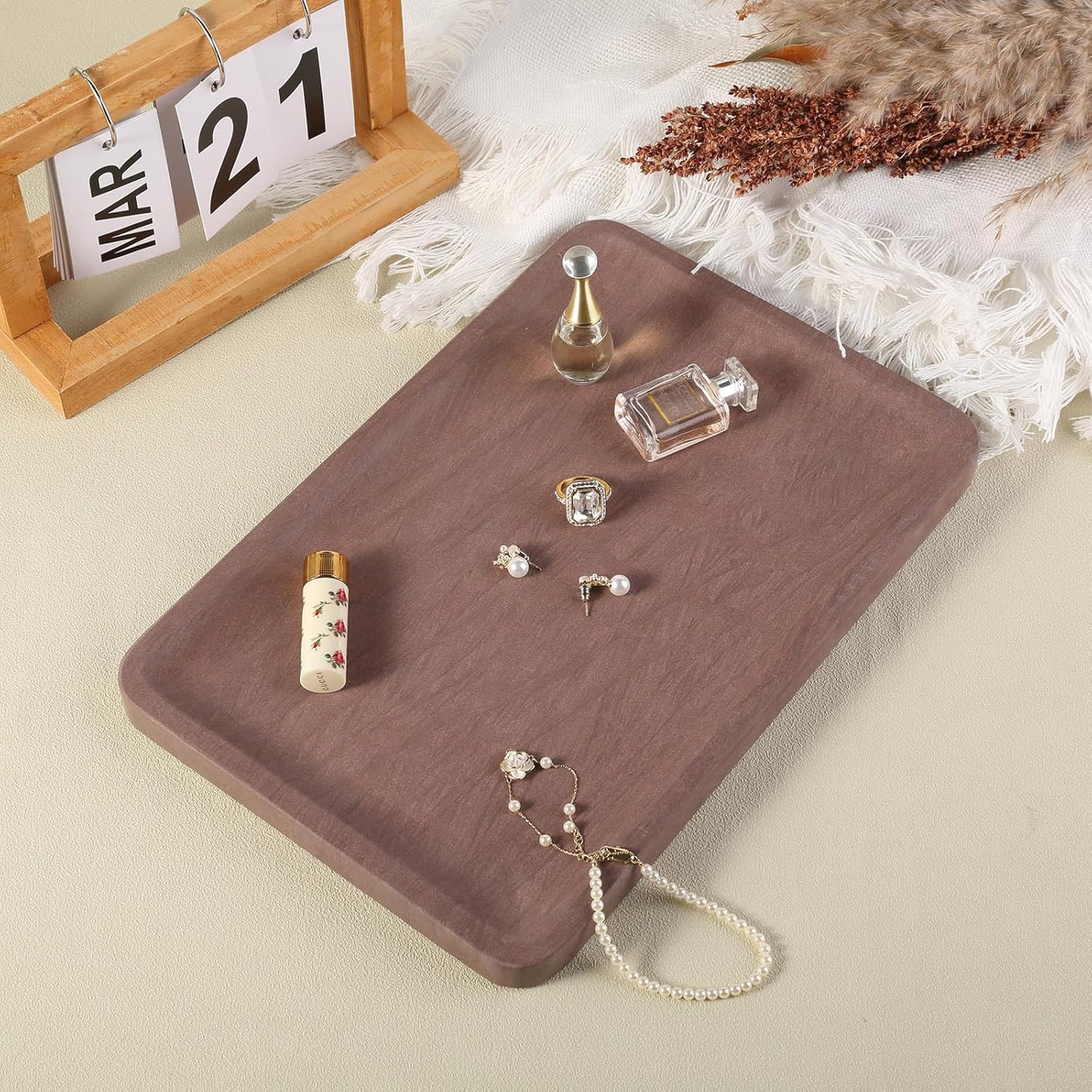 Marble Vanity Tray, 11.8in Sandstone Bathroom Kitchen Tray for Countertop, Decorative Dresser Organizer, Perfume Storage, Jewelry Holder, Brown Stone Gift for Man