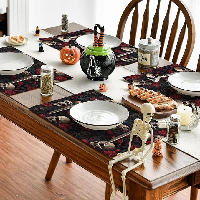 Halloween Skull Rose Placemats, Washable Heat Resistant 12×18 Inch Table Mats Floral Place Mats for Party Outdoor Decoration Kitchen Dining Décor