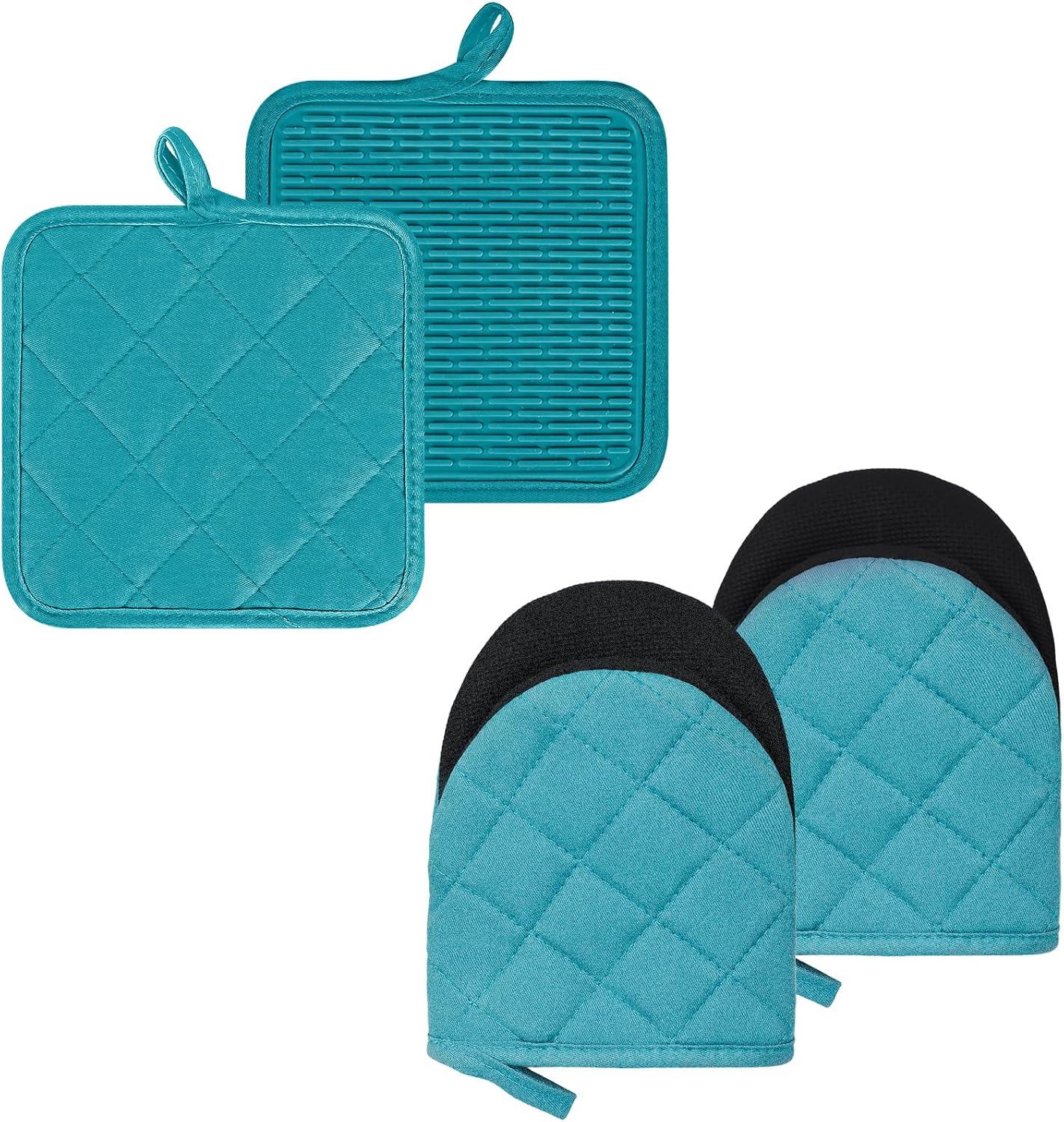 Oven Mitts and Pot Holders Set, Pack of 4, Heat Resistant Silicone Kitchen Mini Oven Mittens for 500 Degrees, Mini Oven Gloves and Hot Pads for Baking Grilling Barbecue Microwave Machine Washable