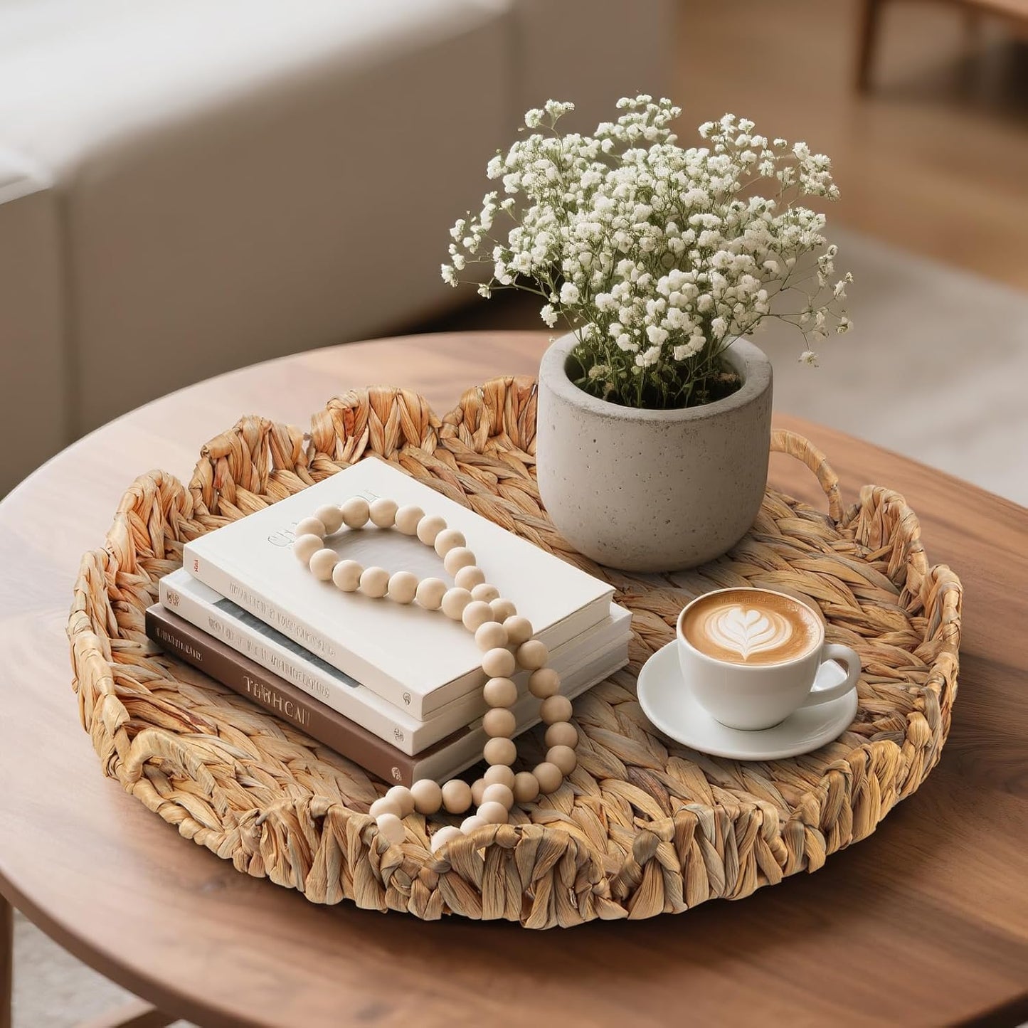 Round Ottoman Tray Large Wicker Serving Tray with Handles for Coffee Table, 20 Inch Handwoven Natural Water Hyacinth Tray Scalloped Edges