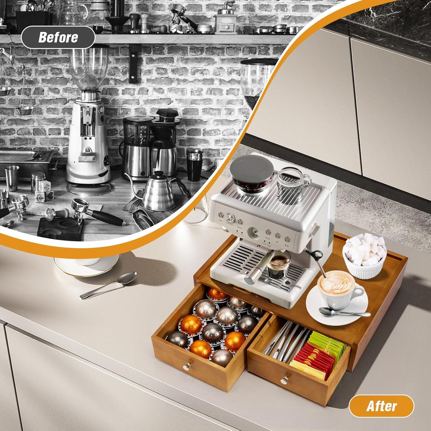 15.8"L X 11.8"W X 4"H Wooden K cup Storage, Keurig Stand With Storage, Coffee Pod Holder Organizer, Desktop Kitchen Storage with 2 Drawers, 30/40/60 Pod Capacity, Natural