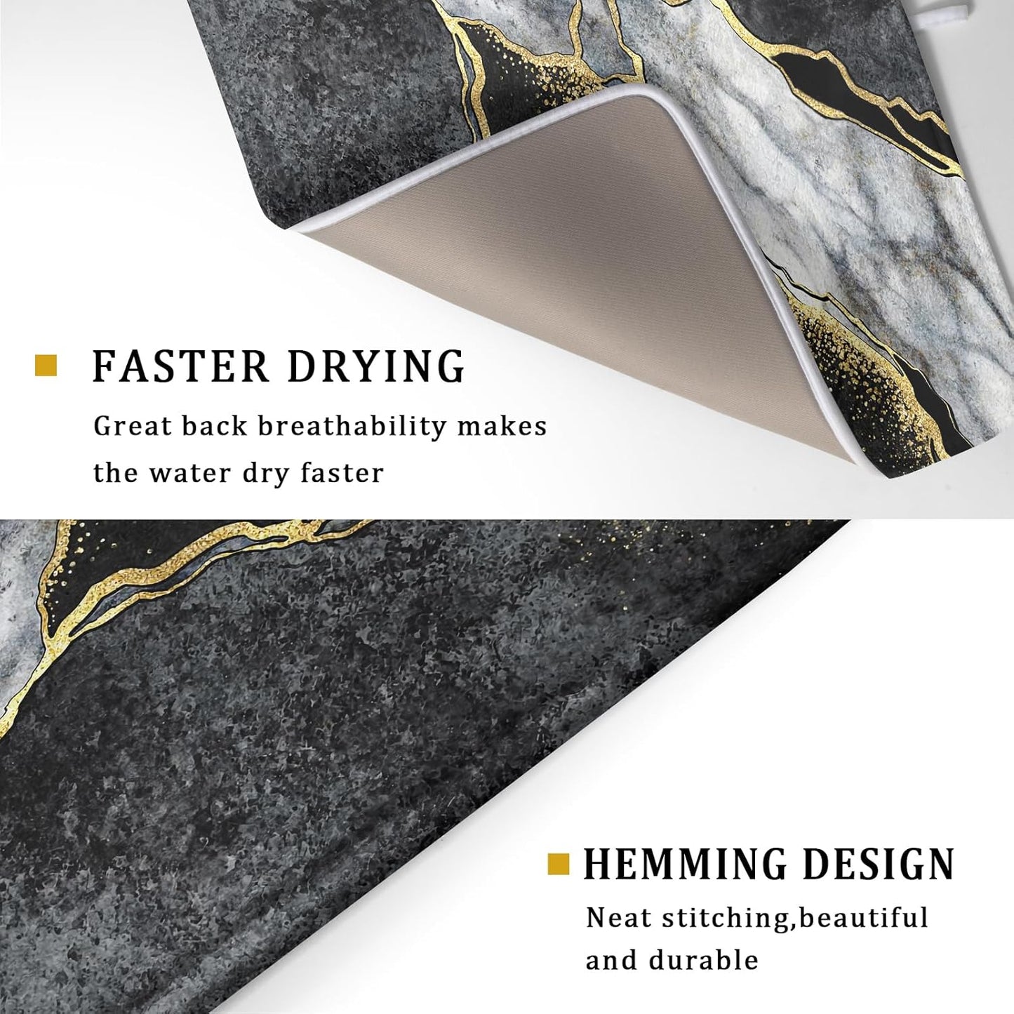 Giwawa Marble Dish Drying Mat for Kitchen Counter 18x24 inch Black Grey Gold Marbling Print Decorative Absorbent Dish Drying Pad Elegant Luxury Granite Stone Microfiber Large Drainer Rack