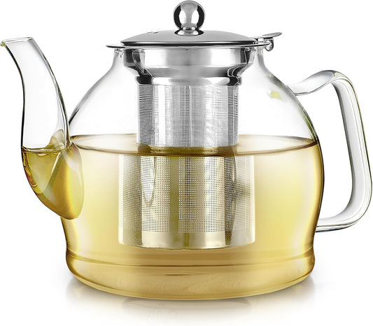 Teabloom Dublin Glass Teapot – Fine Borosilicate Glass – Stovetop and Microwave Safe – Removable Stainless Infuser – Ideal for Loose Leaf Tea – Large Capacity – 40 oz. / 1200 ml (4-5 Cups)