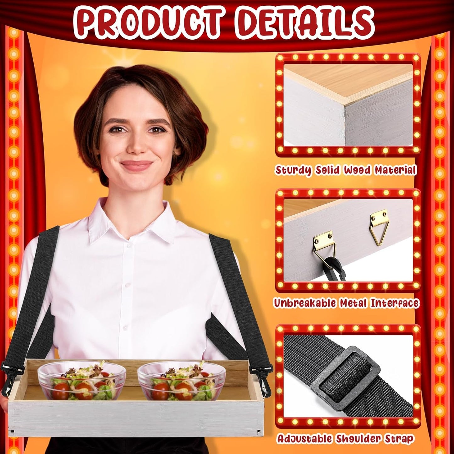 Marsui 2 Pcs Halloween Snack Trays with Straps 15 x 11 x 2 Inch Wooden Movie Night Snack Drink Trays Vendor Usherette Popcorn Drink Beverage Carrier for 20's Theme Carnival Party Costume(White)