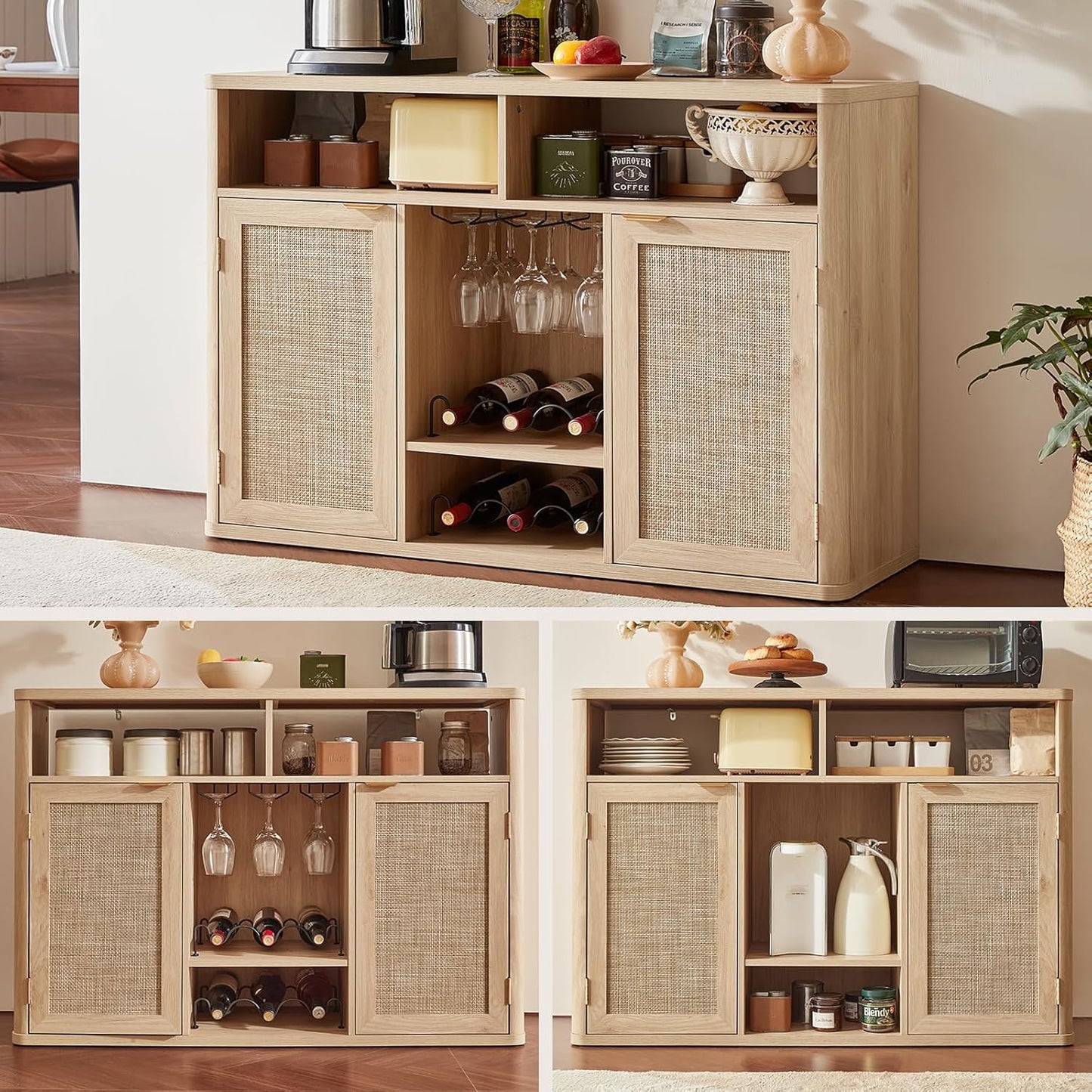 Lerliuo 47.2" Rattan Wine & Liquor Cabinet with 2 Doors, Boho Farmhouse Coffee Bar Station, Built-in Wine Racks & Storage, Adjustable Shelves for Living Room, Dining Room, Kitchen, Natural Wood