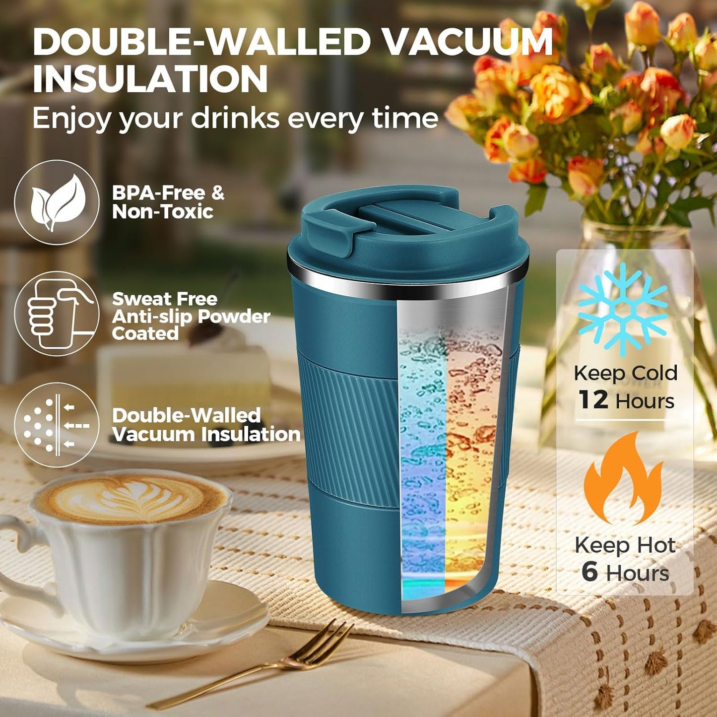Volhoply 13 oz Stainless Steel Insulated Travel Coffee Mug with Fip Lid Bulk 8 Pack,Reusable Double Wall Vacuum Metal Coffee Cup,Portable Leak Proof Thermal Tumbler for Hot & Cold Drinks(Assorted,8)