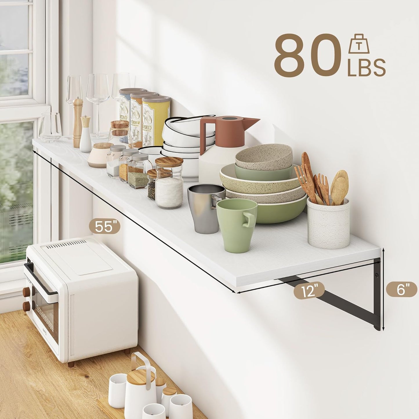 Dreamland Floating Shelves for Wall, 12 Inch Deep Floating Shelves Set of 2, 55W x 12D Large Wall Shelf with Sturdy Metal Brackets for Living Room, Bathroom, Bedroom and Kitchen, White