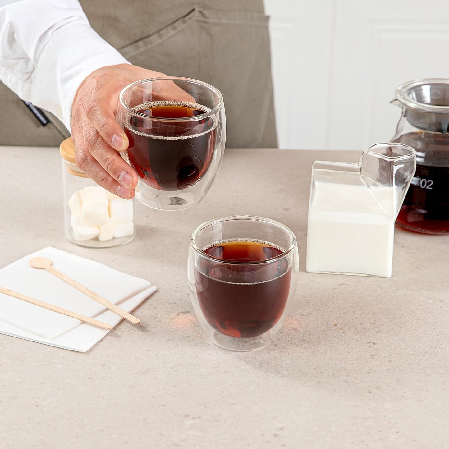 Restaurantware-Forma Professional 8.5 Ounce Double Wall Coffee Cups, 12 Insulated Latte Glasses - Dishwashable, Reusable, Clear Glass Beverage Cups, Freezable, For Hot Or Cold Beverages