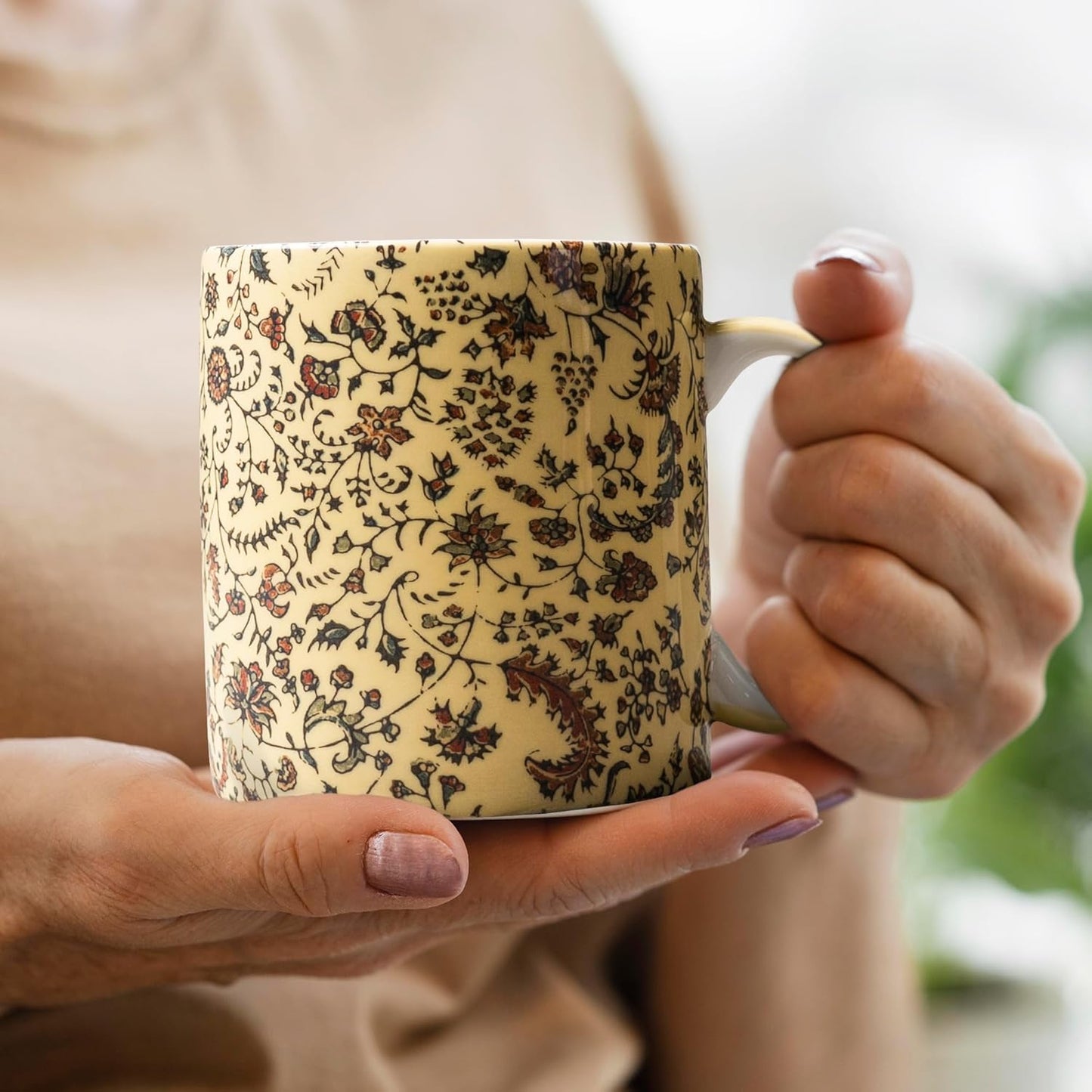 Maison d' Hermine Coffee Mug with Handles Fine Bone China Mugs Pack of Two Tea Cups for Hot Beverages Cappuccino Latte Home Restaurant Office Perfect for Gift (Lakshmi, 12 Ounce)