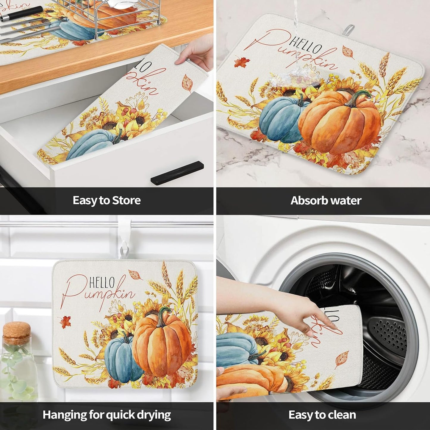 Fall Dish Drying Mat for Kitchen Counter Hello Pumpkin Drying Pad Absorbent Drying Mats for Countertops Sinks Draining Racks Sunflower Ears of Wheat Drainer Holiday Harvest Thanksgiving Decor 18x24