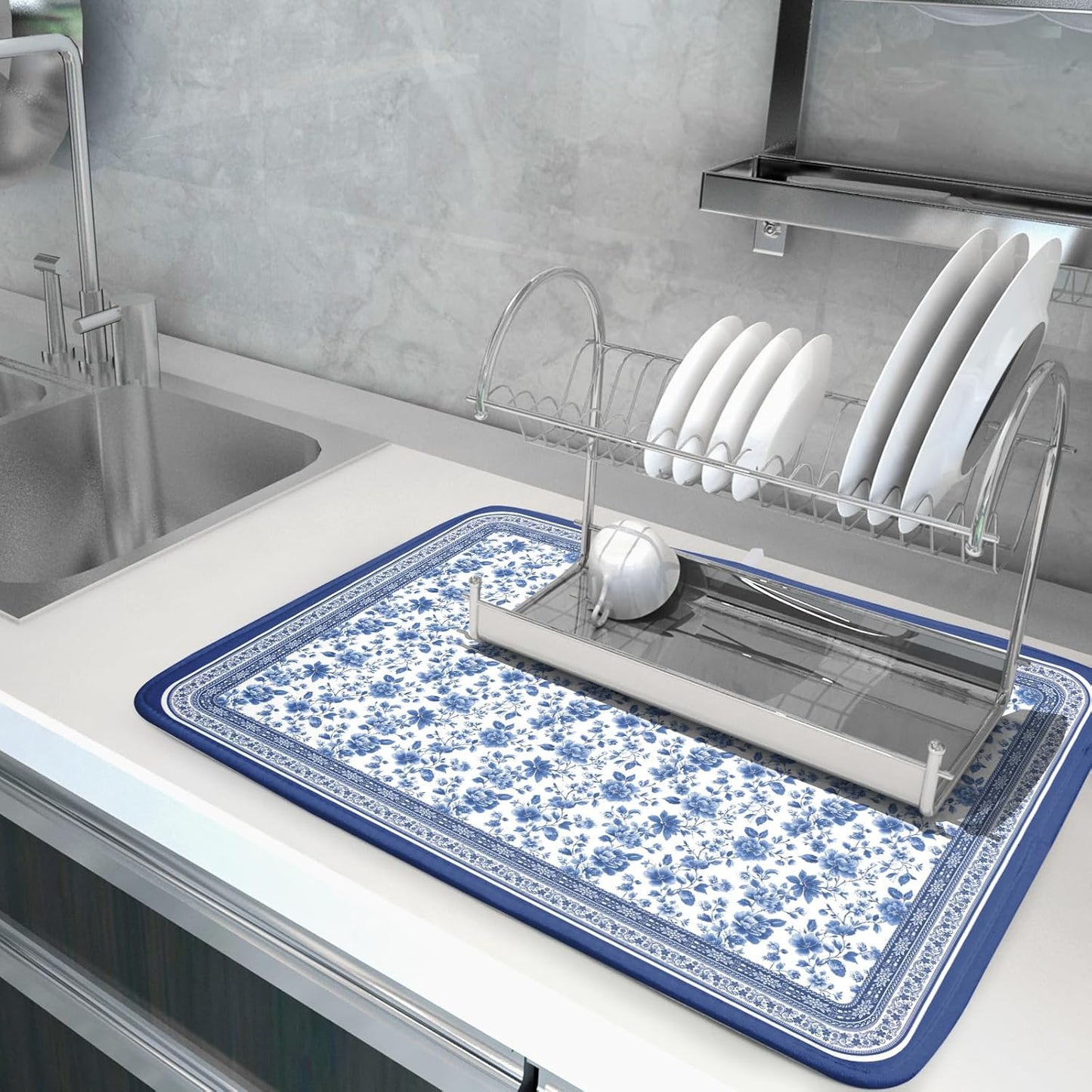Blue Floral Branches Dish Drying Mat for Kitchen Counter Chinoiserie Pattern Dish Drying Pad 18x24 In Absorbent Vintage Flowers Decor Dishes Drainer Pad Dish Dry Rack Mat for Counter Coffee Bar